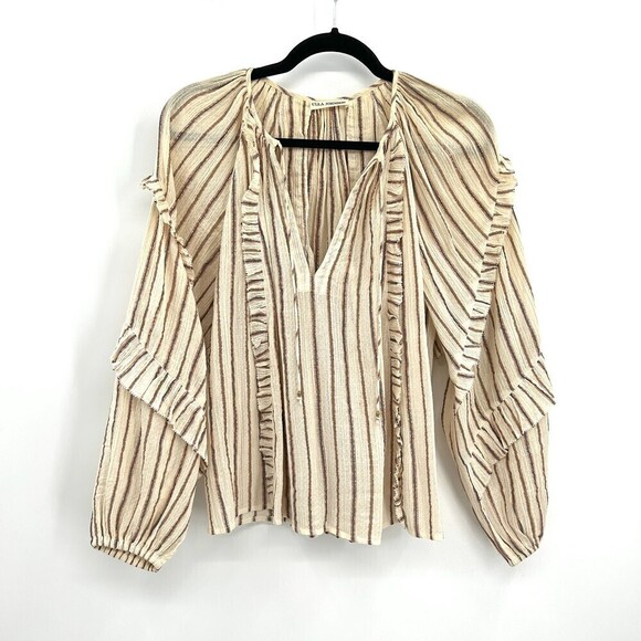 ULLA JOHNSON Liana Blouse Cream Rose Gold Metallic Stripe Ruffle Boho Oversize 4 - Picture 2 of 7